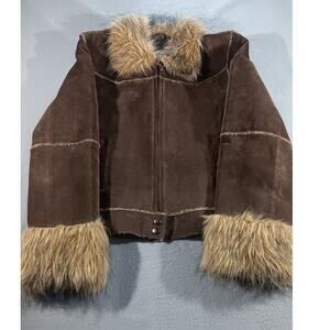“Collector Genuine Leather Crop Shearling Jacket  Brown Fur Trim Y2K / Retro”